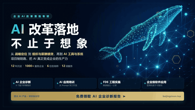 百鲸咨询 AI 改革落地专项：AI 企业诊断、AI 应用培训、FDE 工程实施、企业级软件应用，12 年沉淀，服务 1000+ 企业